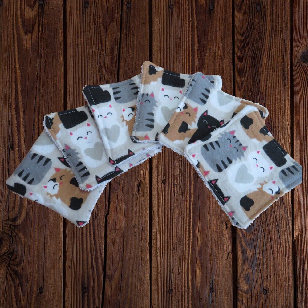 Handmade Makeup Remover Pads, 6 Square Pads With Cats, Flannel and Terry Cloth
